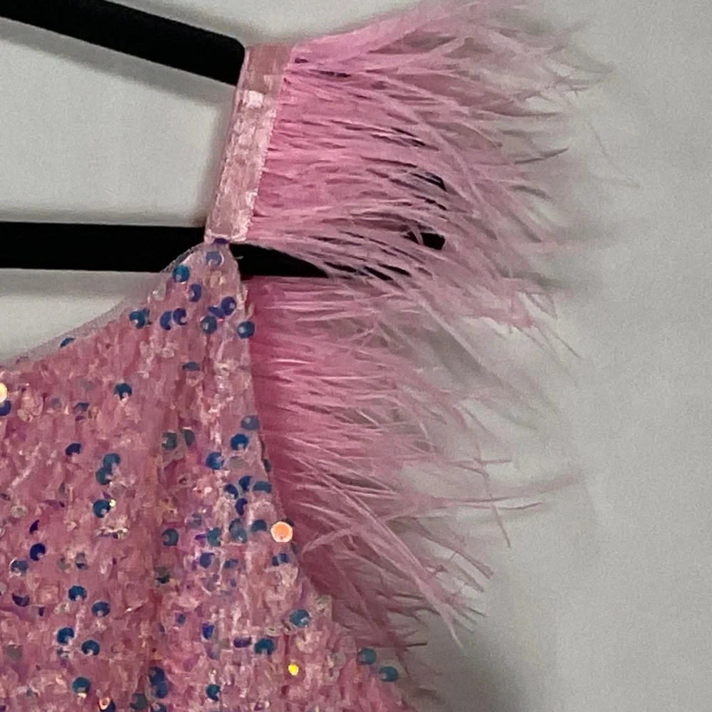 Zunie Pink Sequin Dress with Feather Detail Size 14